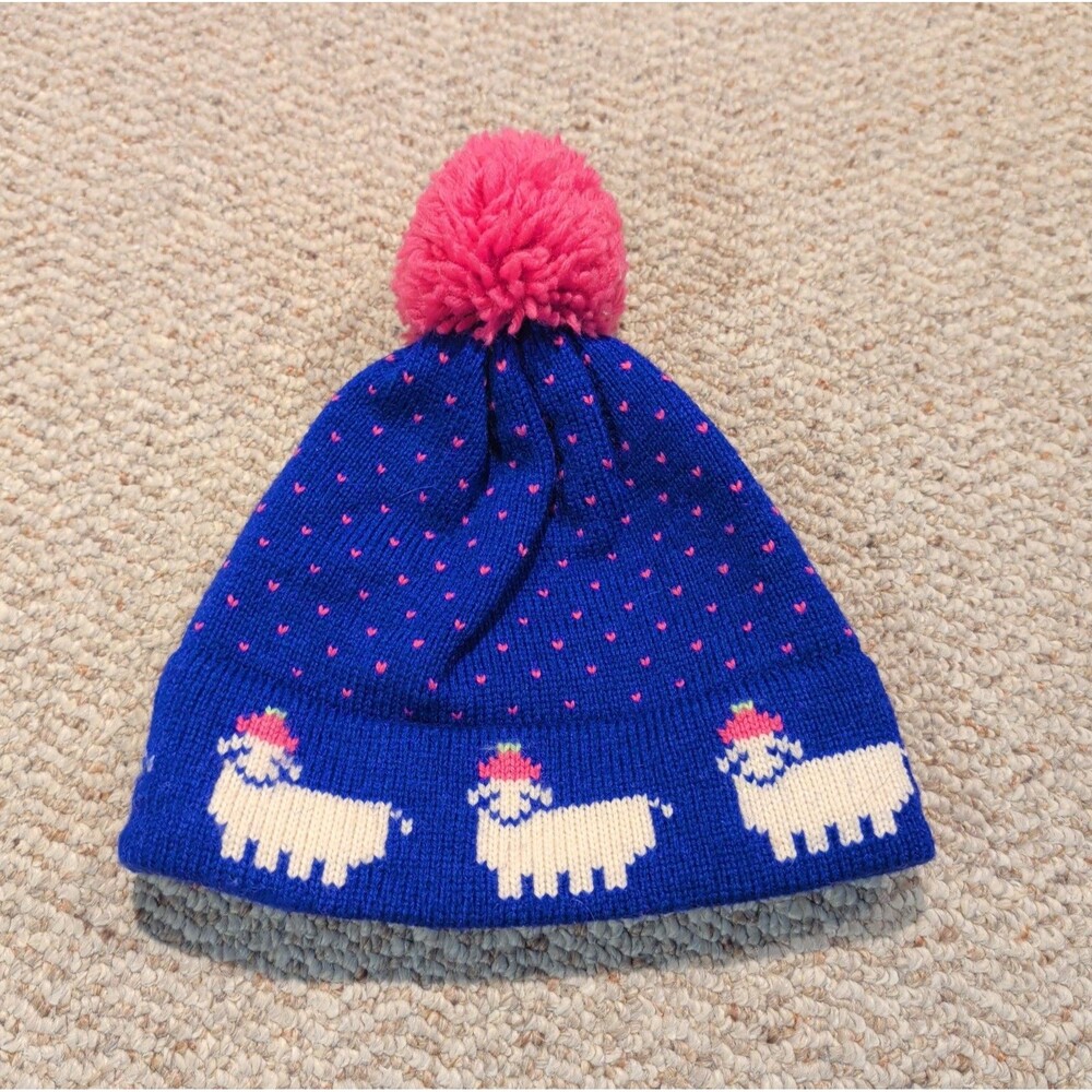 Vintage Stowe Woolens Wool Beanie Ski Hat Blue Pink Sheep Winter Snow